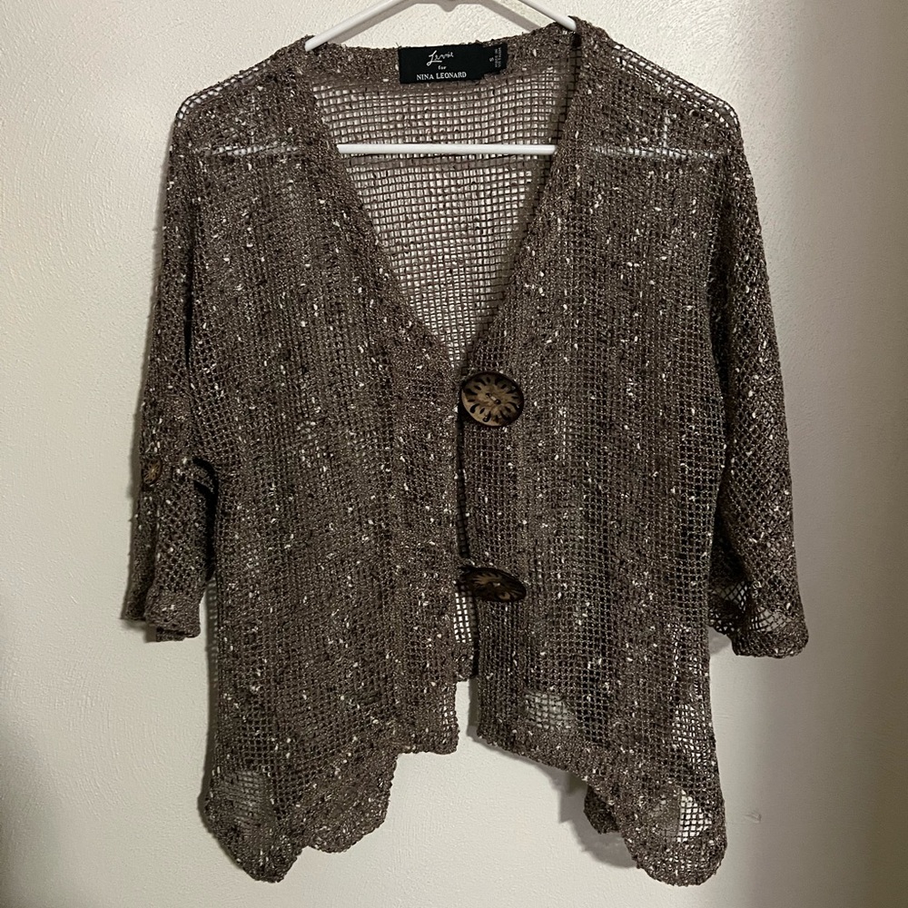 NINA LEONARD Lagenlook Brown and White Open Weave Cardigan Sweater Women's Sz S